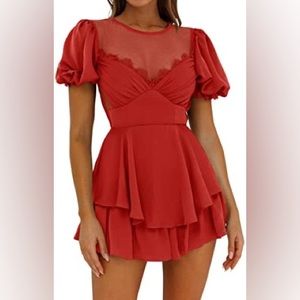 Women's Sexy Short Puff Sleeves Mesh Patchwork Ruffle Tiered Jumpsuit/ Romper